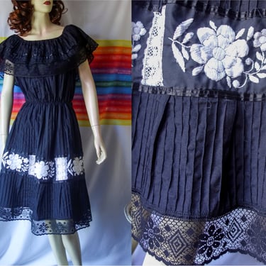 Vintage black Mexican dress size S/M/L/XL, off shoulder floral and lace boho or goth summer midi sun dress, ruffle crochet festival wear 