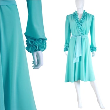 1970s Tiffany Blue Ruffled Dress with Belt - 1970s Teal Day Dress - Vintage Ruffled Dress - 1970s Blue Dress - 70s Ruffle Dress | Size Large 