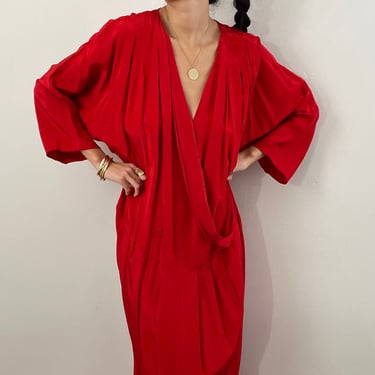 90s drop waist dress / vintage red double breast batwing oversized sack tent dress | extra Large 