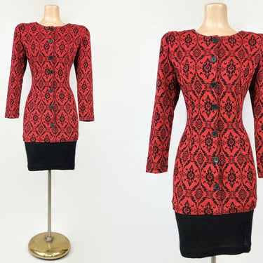 VINTAGE 1980s Black and Red Damask Print Knit Mini Dress by Eber San Francisco Sz 9 | 80s Curvy Sweater Dress | Vintage Knitwear | VFG 