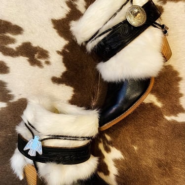 Handcrafted Black Leather Vintage Miss Capezio Cowgirl Ankle Booties with White Fur Western Beltscand Conchos size 8 M 