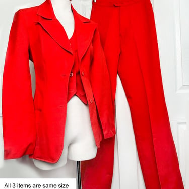 1970's 3 Pc PANHANDLE SLIM Pant Suit Women's Red Polyester Western SET Vintage Vest Jacket Bell Bottoms Dittos Flares Trousers Disco Hippie 
