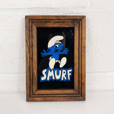 Vintage Framed Smurfs Art Carnival Prize Mirror Smurf Cartoon Fair Game 1970s 70s Wall Dopamine Decor Nursery Kids 