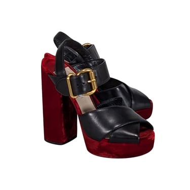 Prada - Black Leather & Red Velvet Open Toe Platform Heels Sz 8.5