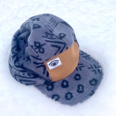 Handmade 5 Panel Camp Hat, Gray Geometric Print Fleece Baseball Cap with Fold down Earflap, Snap Back, 5panel hat, gift for him, winter hat 