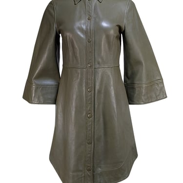 Ganni - Olive Green Leather Collared Mini Dress Sz 6