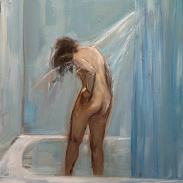Woman in Blue Shower-Original Artwork-Giclee-Archival Reproduction Print-Nude-Fine Art Nude-Bath-Impressionism-Figure Study-Angela Ooghe 
