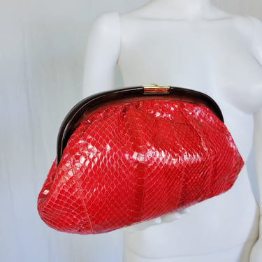 Ruth Saltz 1970's Red Snakeskin Plastic Handle Clutch Purse Bag 