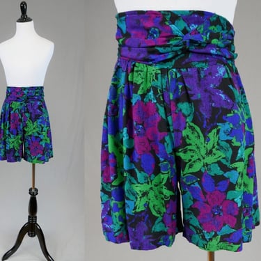 80s 90s Floral Shorts - 24" waist will stretch - Black Purple Green Teal Magenta - High Rise Pull On Rayon - Hunters Run - Vintage 1990s - S 