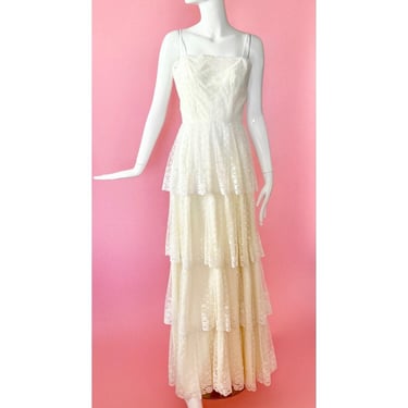 The Tinsley Gown; 1970s Tiered Lace Wedding Dress 