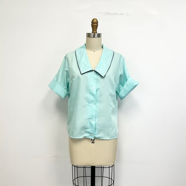 Vintage 60s Womens Blouse | Mint Green With Black Piping Collared Shirt | Size Small 