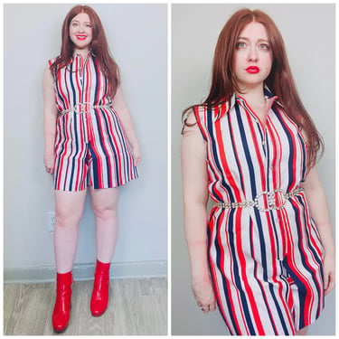 1960s Vintage Miss Holly Cotton Striped Romper / 60s Red White and Blue Sleeveless Pleated Playsuit / Size Large - XL 