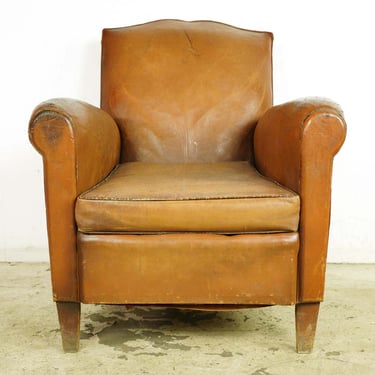 Vintage European French Brown Leather Club Chair with Wood Feet