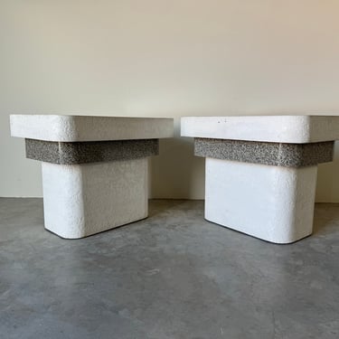 1980's Postmodern Plastered Wood and Laminate Top Side Tables - a Pair 