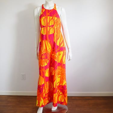1970s Neon Hawaiian Halter Dress - XS 