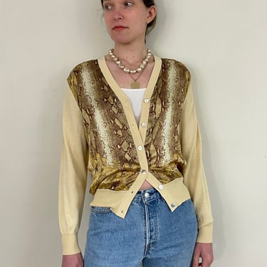 Vintage silk charmeuse + ribbed knit V neck 100% silk baroque print panel butter yellow champagne cardigan sweater | Medium