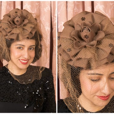 1940s Hat - Fabulous Vintage 40s Petaled Rose Tilt Hat in Tan Wool Felt with Flower Sequins 