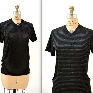 Vintage 90s Black Tee Shirt T shirt Size Large 90s Minimalist Shirt Black and Silver Metallic Stripe 90s Club Shirt 