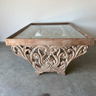 Vintage Hand Carved Wood Indian Design Coffee Table W/ Glass Top 