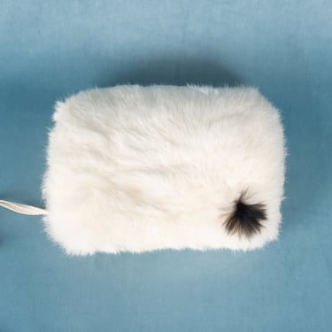 Sweet White Rabbit Fur Muff with One Black Fur Spot and Attached Wristlet 