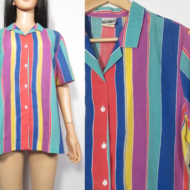 Vintage 80s Plus Size Vertical Striped Short Sleeve Blouse Size 18 XL 
