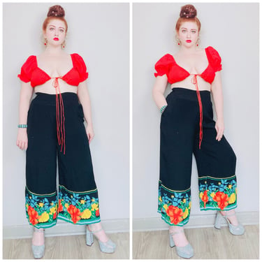 1990s Vintage Karen Kane Rayon Palazzo Pants / 90s Red and Yellow Floral Wide Leg Cropped Smocked Waist Trousers / Size Medium 