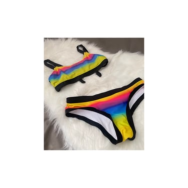 80s rainbow ombre two piece bikini, vintage black trim bathing suit athletic swimwear 