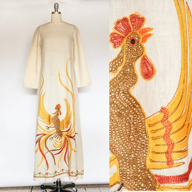 1970s Maxi Gown Embroidered Bird Cotton Dress S 