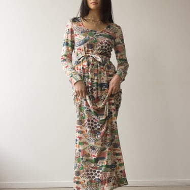 1970s Denise Are Here! Pastoral Print Maxi Dress 