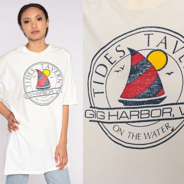 Tides Tavern Shirt Y2k Gig Harbor Washington T-Shirt Sailboat Graphic Tee Retro Tourist Travel Top PNW Puget Sound Vintage 00s Mens 2xl xxl 