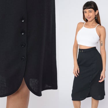 80s Pencil Skirt Black Belted Skirt 1980s Vintage High Waist Midi Skirt Straight Skirt Button Side Skirt With Belt Small S 