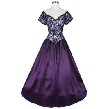 Vintage 80s 90s Navy Blue Lace Ballgown Purple Satin Rosettes Ball Gown Prom Party Dress M Medium Costume 