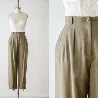high waisted pants | 80s 90s vintage Liz Claiborne olive green brown silk dark academia style pleated trousers 