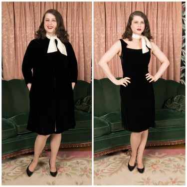 1950s Dress - Chic Two Piece Jet Black Velvet Dress and Evening Coat Ensemble with Matching Scarf 