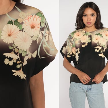 Asian Floral Blouse 70s Black Asian Inspired Top Flower Print Gradient Short Sleeve Hippie Shirt Retro Chic Festival Vintage 1970s Large L 
