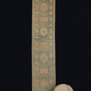 Pale Anatolian Runner with Repeating Medallions in Soft French Blue & Peach ................ (14' 7'' x 2' 8'')