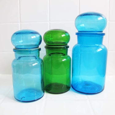 Mid Century Bubble Top Glass Jars Made in Belgium Lot of 3 -  Blue Green Mid Century Apothecary Lidded Containers 