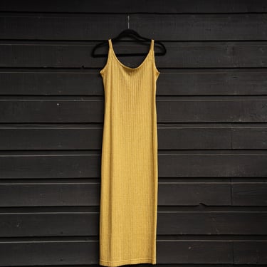 70's Ribbed Knit Gold Maxi Dress, 60s Couture Metallic Gold Lurex Slinky Evening Dress 