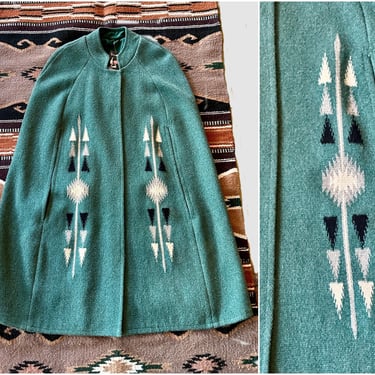 CHIMAYO Vintage Poncho Cape | Handmade Green Wool New Mexico Southwestern Native American Style Blanket Tapestry Coat, Boho Western | Small 