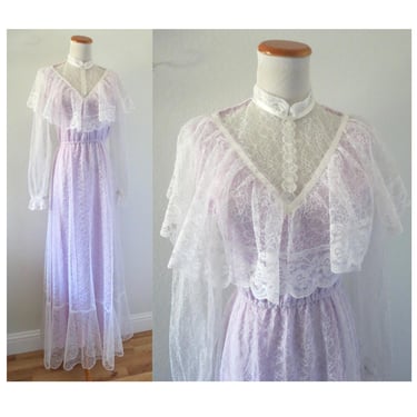 Vintage 70s Lace Maxi Dress - Pastel Purple & White Ruffle Long Sleeve Victorian Boho Hippie Bridesmaid Gown - Size Medium M 