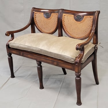 Vintage Theodore Alexander Regency Caned Mahogany Settee With Silk/Velveteen Down Cushion