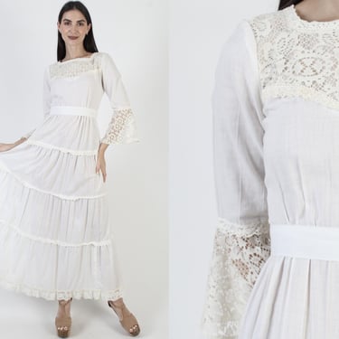 Bohemian Wedding Dress, Sheer Crochet Bell Sleeves, White Lace Prairie Gown, Vintage 70s Bridal 