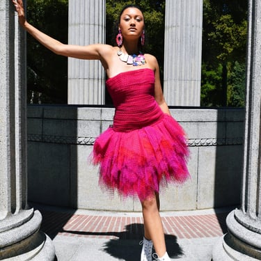JACQULINE De RIBES 80s Runway Pink Tulle Demi Couture Dress w/ Wrap Barbiecore Sz S 