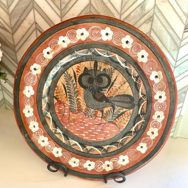 Vintage Mexican Tonala Pottery Plate, Gray Grey Owl, White Flowers, Hanging Wall Plate, Mexico Retro Southwest Landscape Decor 