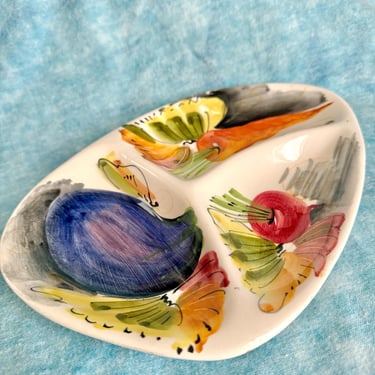 Hand Painted Divided Dish, Glazed Ceramic, Italy, Mid Century Home Decor, Table Top, Vintage 60s 70s 