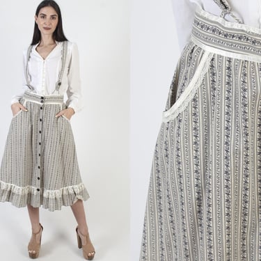 Gunne Sax Suspender Dress, Vintage Colonial Print, 70s Cottagecore Style, Full Skirt With Pockets, Size 11 