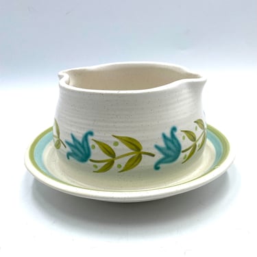 Franciscan Tulip Time Gravy Boat with Attached Under Plate, Avocado Green, Turquoise Blue Stoneware, Floral Mid Century Retro Dinnerware 