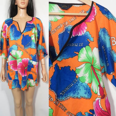 Vintage 70s Barbados Barkcloth Tunic Coverup Size S/M 
