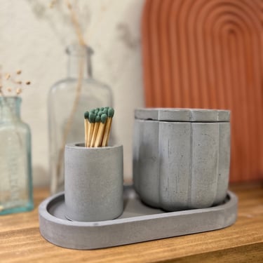 3 Item Bundle: Fluted Concrete Canister, Oval Tray and Match Holder Set | Housewarming Gift 