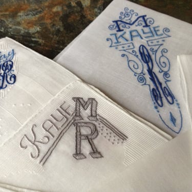Swiss Batiste Cotton Handkerchiefs Embroidered Monogrammed, Kaye Set of 6  Blue Gray White 